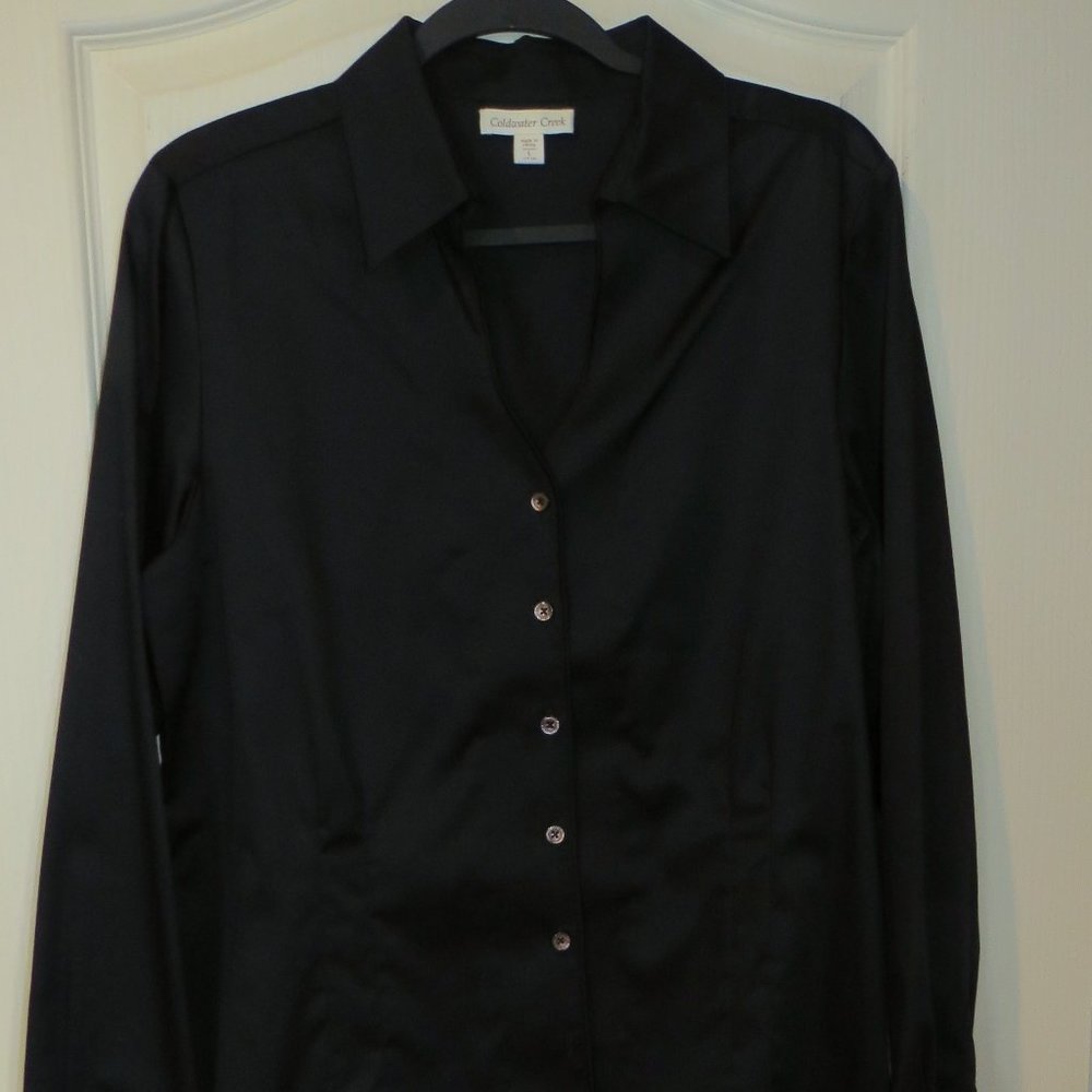 NWOT Dressy Satiny Black Cotton V-neck Blouse Size Large - Coldwater Creek